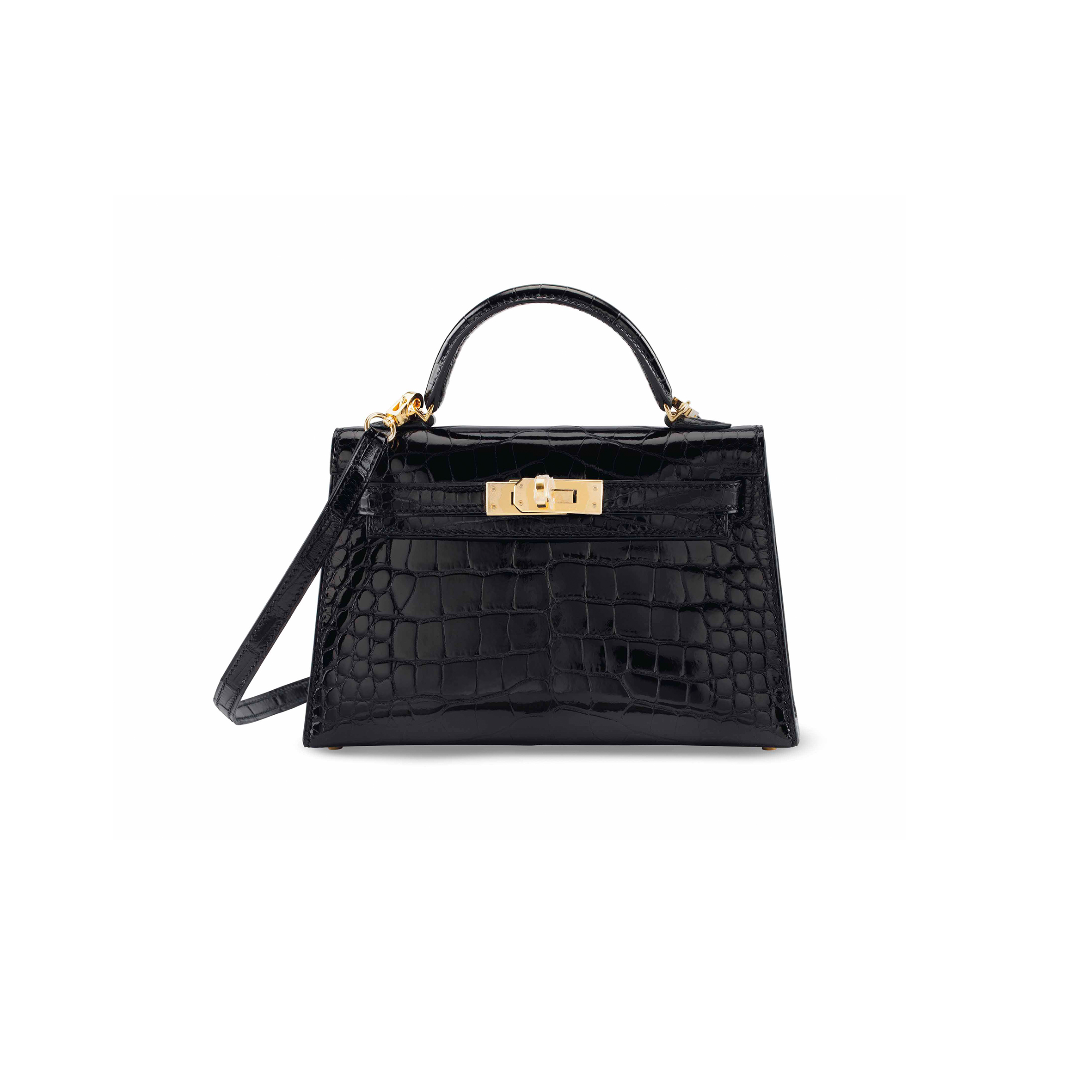 H**mes master a shiny black alligator sellier mini kelly 20 ii with gold hardware (19*12*5.5cm)